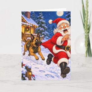 Santa Chased by Belgian Malinois Holiday Card