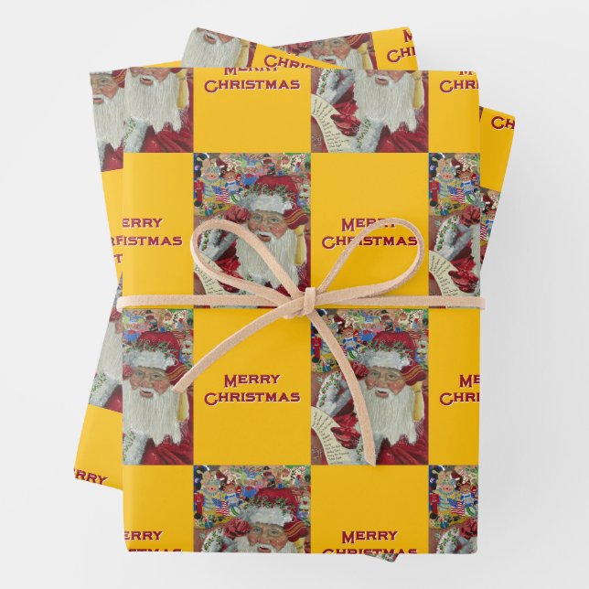 Santa Checking It Twice Merry Christmas Gold Wrapping Paper Sheet (In situ)