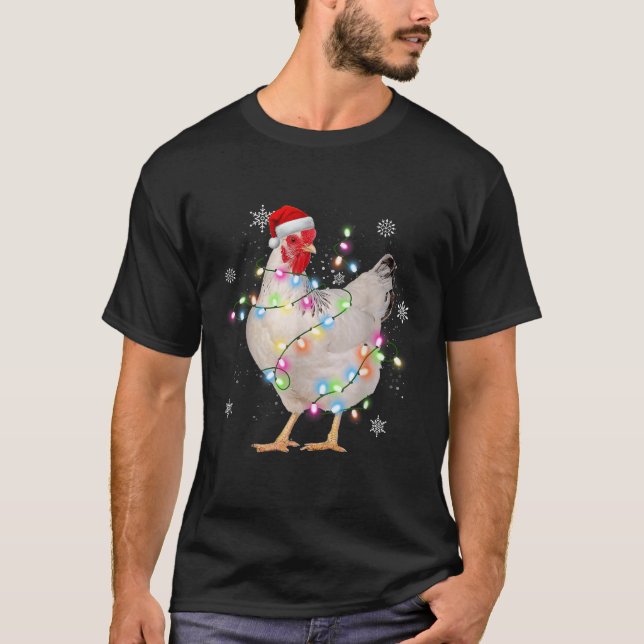 Santa Chicken Christmas Lights Farmer Xmas Chicken T-Shirt (Front)
