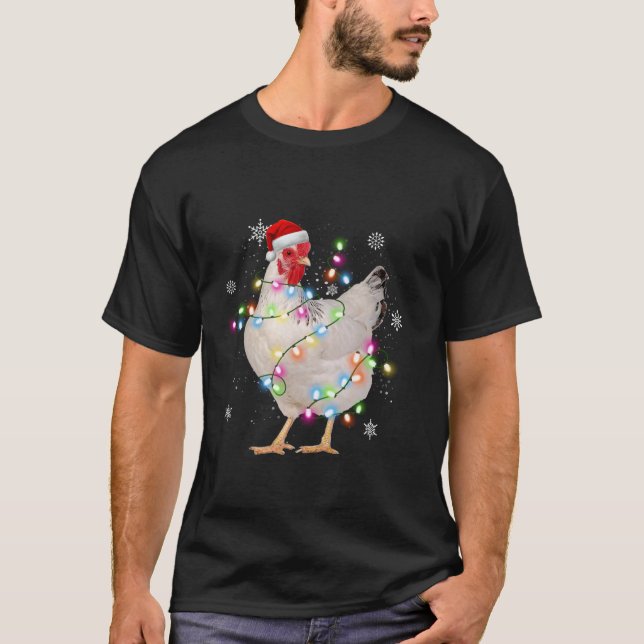 Santa Chicken Christmas Lights Farmer Xmas Chicken T-Shirt (Front)