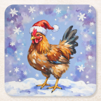 Santa Chicken Square Paper Coaster