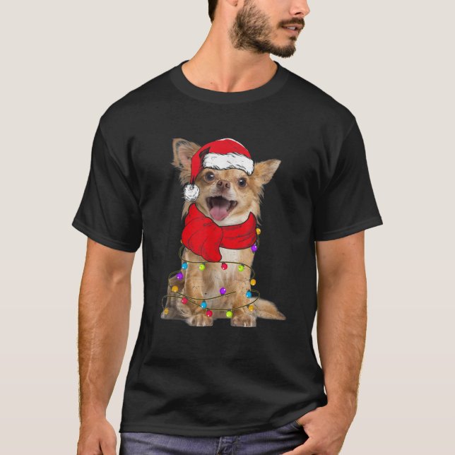 Santa Chihuahua Dog Christmas Tree Lights Xmas  T-Shirt (Front)