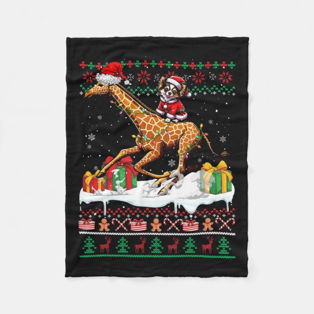 Santa Chihuahua Riding Giraffe Christmas Sweater L Fleece Blanket (Front)