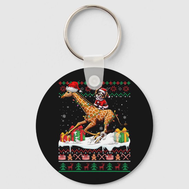 Santa Chihuahua Riding Giraffe Christmas Sweater L Key Ring (Front)