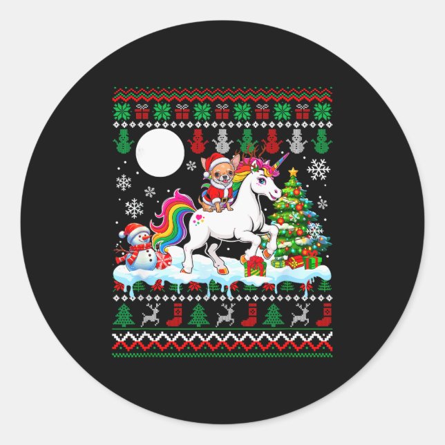 Santa Chihuahua Riding Unicorn Sweater Christmas O Classic Round Sticker (Front)