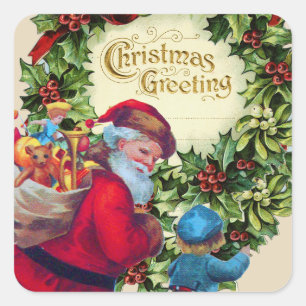 SANTA,CHILD,CHRISTMAS CROWN,HOLLYBERRY,MISTLETOES SQUARE STICKER