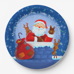 Santa Chimney Reindeer Sack Add Year Text Blue 9" Paper Plate