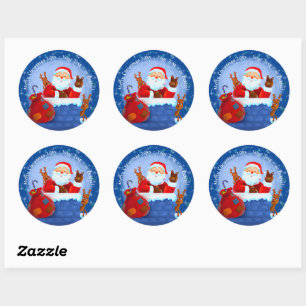 Santa Chimney Reindeer Sack Add Year Text Blue  Classic Round Sticker