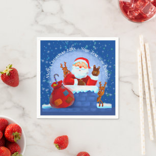 Santa Chimney Reindeer Sack Add Year Text Blue Napkin