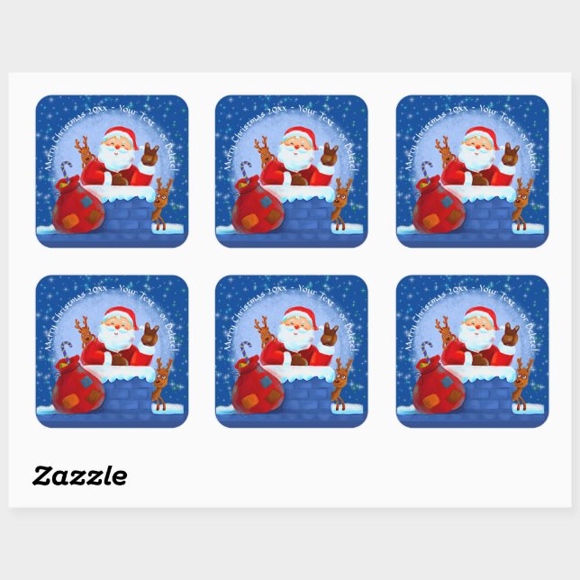 Santa Chimney Reindeer Sack Add Year Text Blue Square Sticker (Sheet)