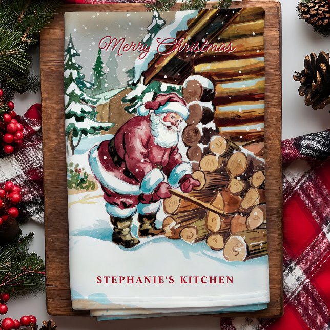 Santa Chopping Firewood Personalised Christmas Tea Towel (Creator Uploaded)