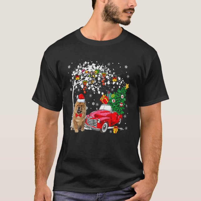 Santa Chow Chow Red Pickup Truck Carrying X Mas Tr T-Shirt (Front)