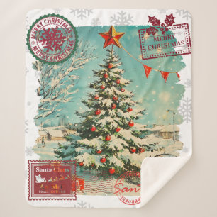Santa Christmas Airmail Vintage Christmas Tree  Sherpa Blanket