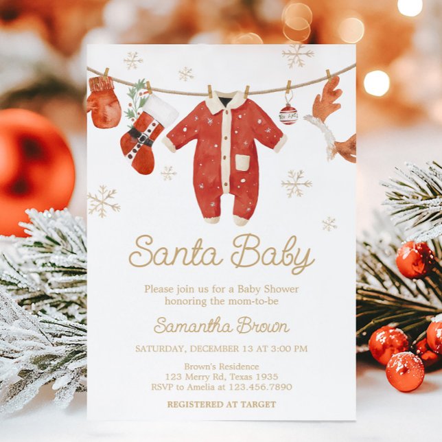 Santa Christmas Baby Shower Invitation (Santa Baby Clothesline Christmas Baby Shower Invitation)