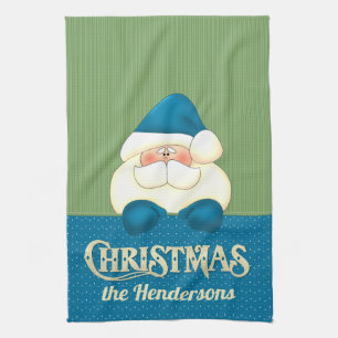 Santa Christmas Blue and Green Cook's Tea Towel