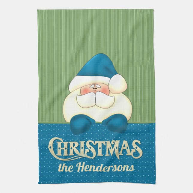 Santa Christmas Blue and Green Cook's Tea Towel (Vertical)