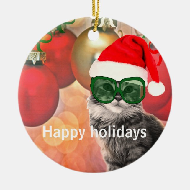 Santa Christmas Cat Ceramic Tree Decoration (Front)