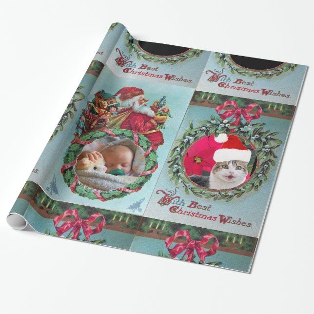 SANTA,CHRISTMAS CROWN ,RED RIBBON PHOTO TEMPLATE WRAPPING PAPER (Unrolled)