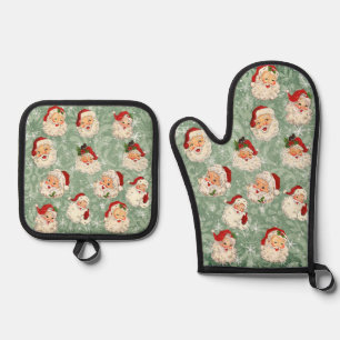 Santa Christmas Decoupage Vintage Damask Oven Mitt & Pot Holder Set