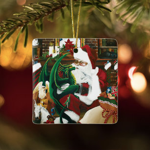 Santa Christmas Dragon Fantasy Ceramic Ornament