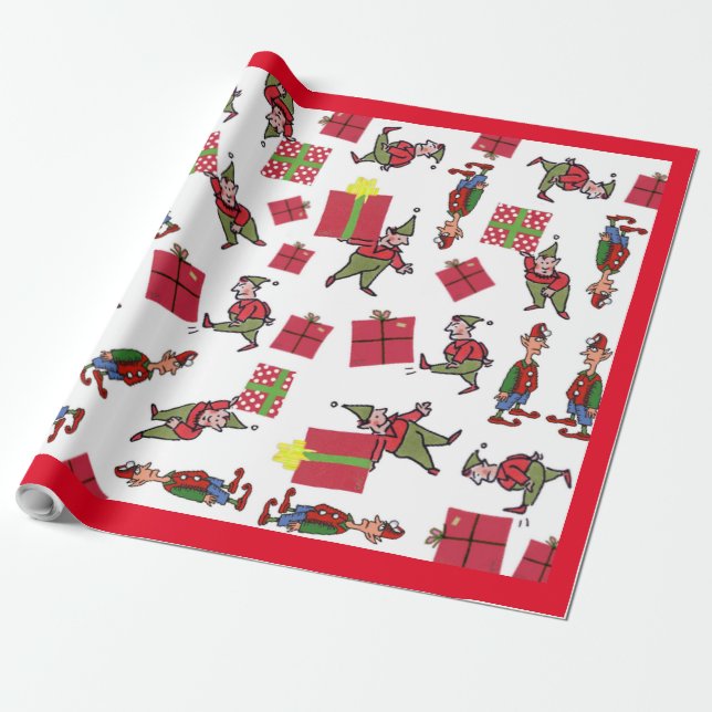 Santa Christmas Elves red glossy wrapping paper (Unrolled)