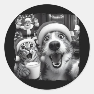 Santa Christmas Funny Cat Taking Selfie Racoon Xma Classic Round Sticker
