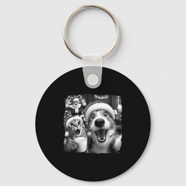 Santa Christmas Funny Cat Taking Selfie Racoon Xma Key Ring (Front)