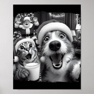 Santa Christmas Funny Cat Taking Selfie Racoon Xma Poster