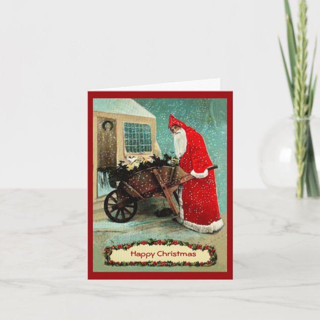 Santa Christmas gardener wheelbarrow greeting card (Front)