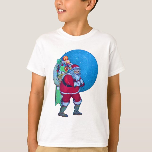 SANTA,CHRISTMAS GIFT SACK AND TOYS IN STARRY SKY   T-Shirt (Front)
