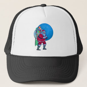 SANTA,CHRISTMAS GIFT SACK AND TOYS IN STARRY SKY TRUCKER HAT