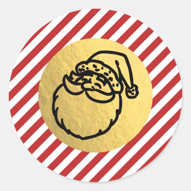 Santa Christmas Holiday Red Stripes Gold Foil Classic Round Sticker (Front)