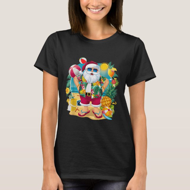 Santa Christmas In July On Beach Hawaiian Summer V T-Shirt (Front)