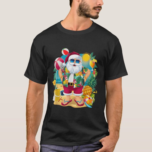 Santa Christmas In July On Beach Hawaiian Summer V T-Shirt (Front)