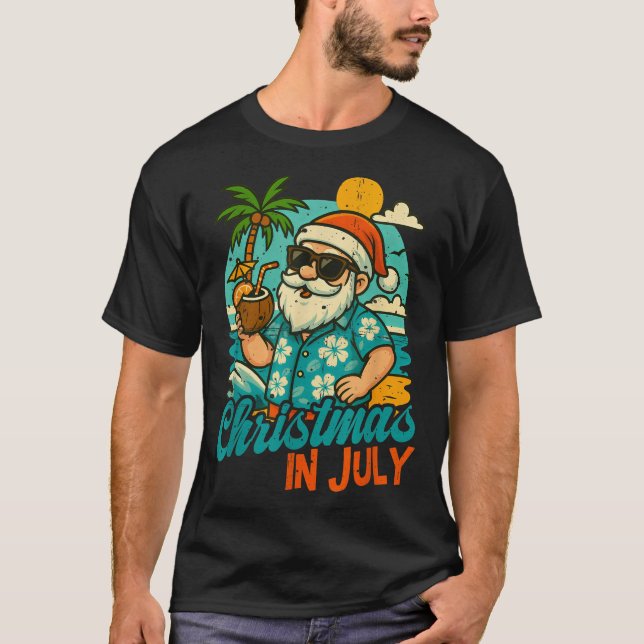 Santa Christmas In July Palm Tree Xmas Summer Beac T-Shirt (Front)