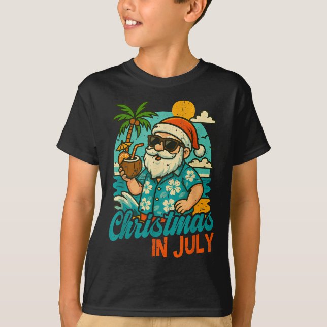 Santa Christmas In July Palm Tree Xmas Summer Beac T-Shirt (Front)