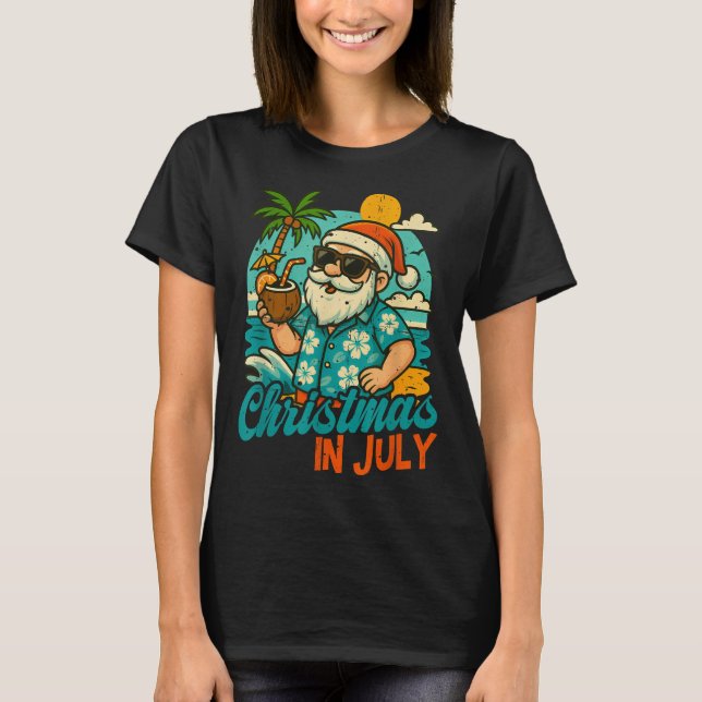 Santa Christmas In July Palm Tree Xmas Summer Beac T-Shirt (Front)