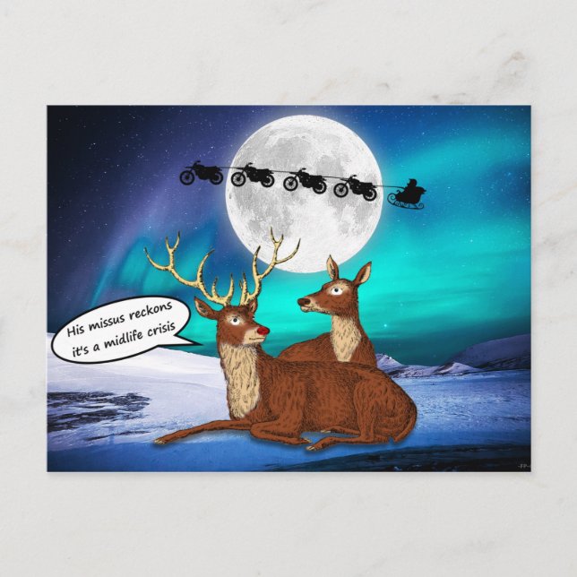 Santa Christmas Jokes Reindeers Bikes Quirky Funny Postcard (Front)
