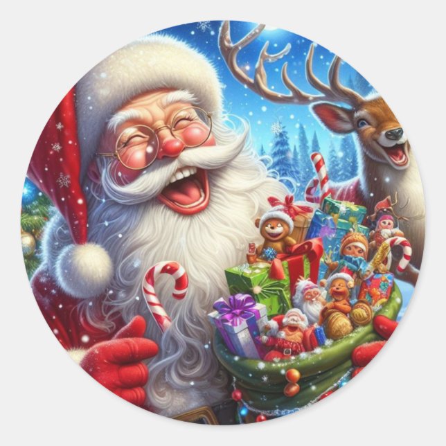 Santa Christmas Laughing Candy Cane Reindeer Classic Round Sticker (Front)