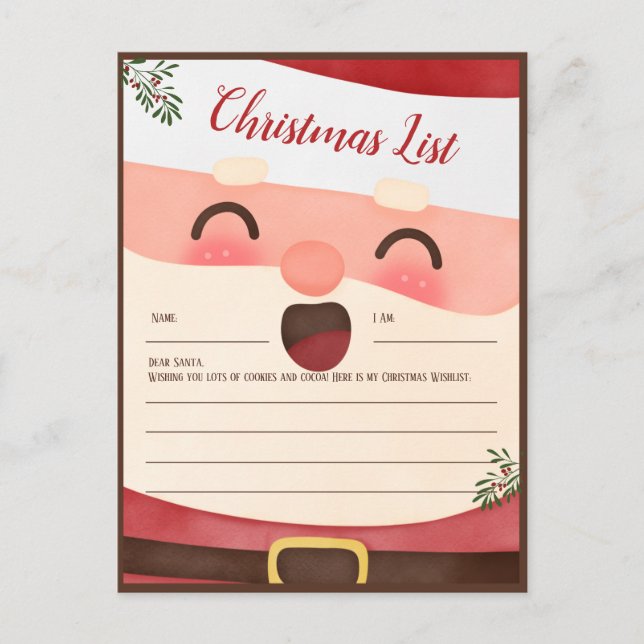 Santa Christmas List For Kids Holiday Postcard (Front)