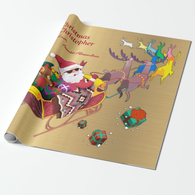 Santa Christmas Merry Christmas Sleigh Personalise Wrapping Paper (Unrolled)