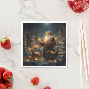 Santa Christmas Night Snowy Forest Napkin
