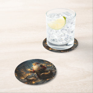 Santa Christmas Night Snowy Forest Round Paper Coaster