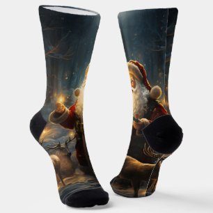 Santa Christmas Night Snowy Forest Socks