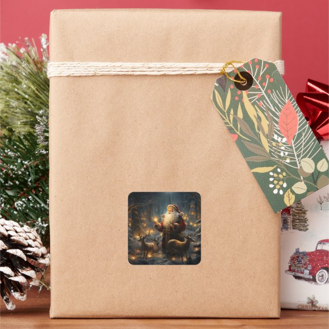 Santa Christmas Night Snowy Forest Square Sticker (Holiday)