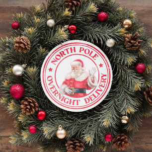 SANTA CHRISTMAS NORTH POLE OVERNIGHT DELIVERY CLASSIC ROUND STICKER