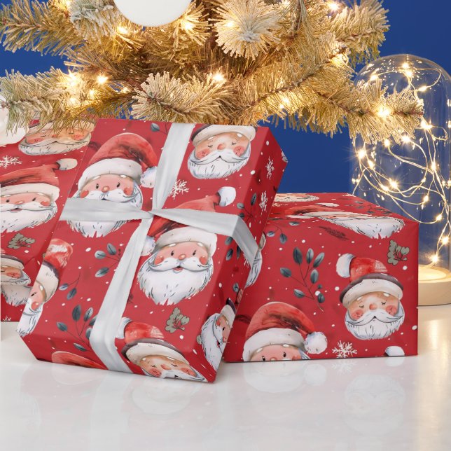 Santa Christmas on red background Wrapping Paper (Holidays)