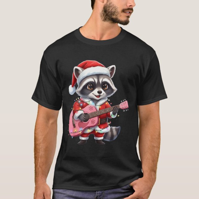 Santa Christmas Raccoon Playing Nk Guitar  T-Shirt (Front)