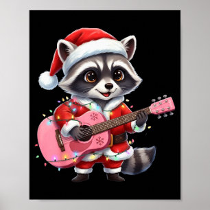 Santa Christmas Raccoon Playing Pink Guitar  Poster