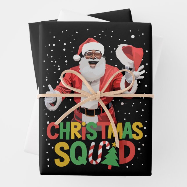 Santa Christmas Squad Black African American Wrapping Paper Sheet (In situ)